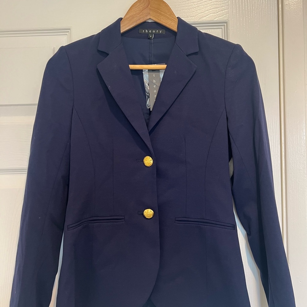 Theory Blue and Gold Blazer Tailored Suit Jacket with gold buttons, new with tag